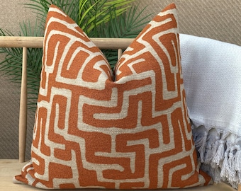 Taupe and Orange African Pillow Cover, Labyrinth African Woven Pillowcase, Euro Sham Cover, Chenille Dark Beige Pillow Cushion, Soft Pillow