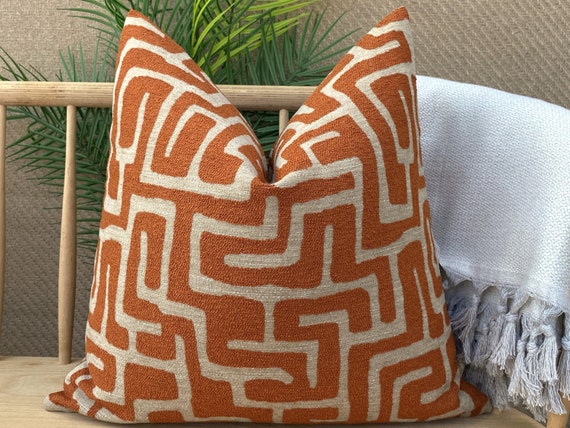 Taupe and Orange African Pillow Cover, Labyrinth African Woven Pillowcase, Euro Sham Cover, Chenille Dark Beige Pillow Cushion, Soft Pillow