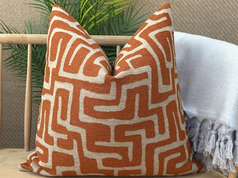 Taupe and Orange Labyrinth Pillow Cover, Cotton and Chenille Pillowcase Orange Labyrinth