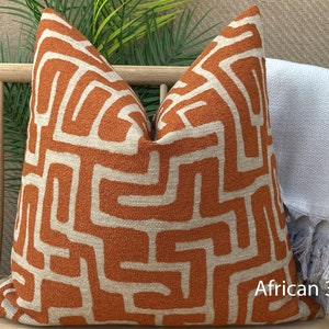 Taupe and Orange Labyrinth Pillow Cover, Cotton and Chenille Pillowcase image 2