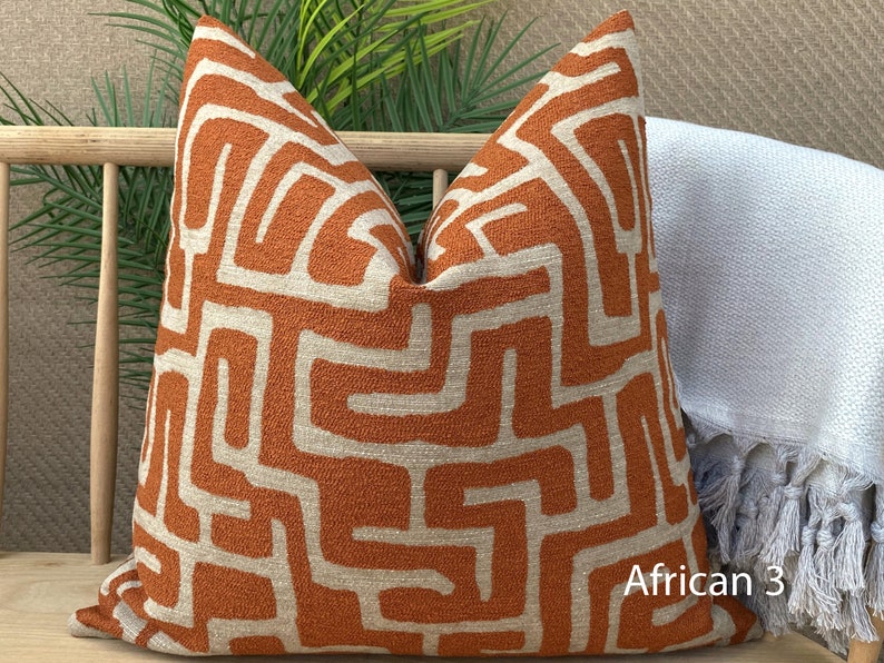 Taupe and Orange Labyrinth Pillow Cover, Cotton and Chenille Pillowcase image 2