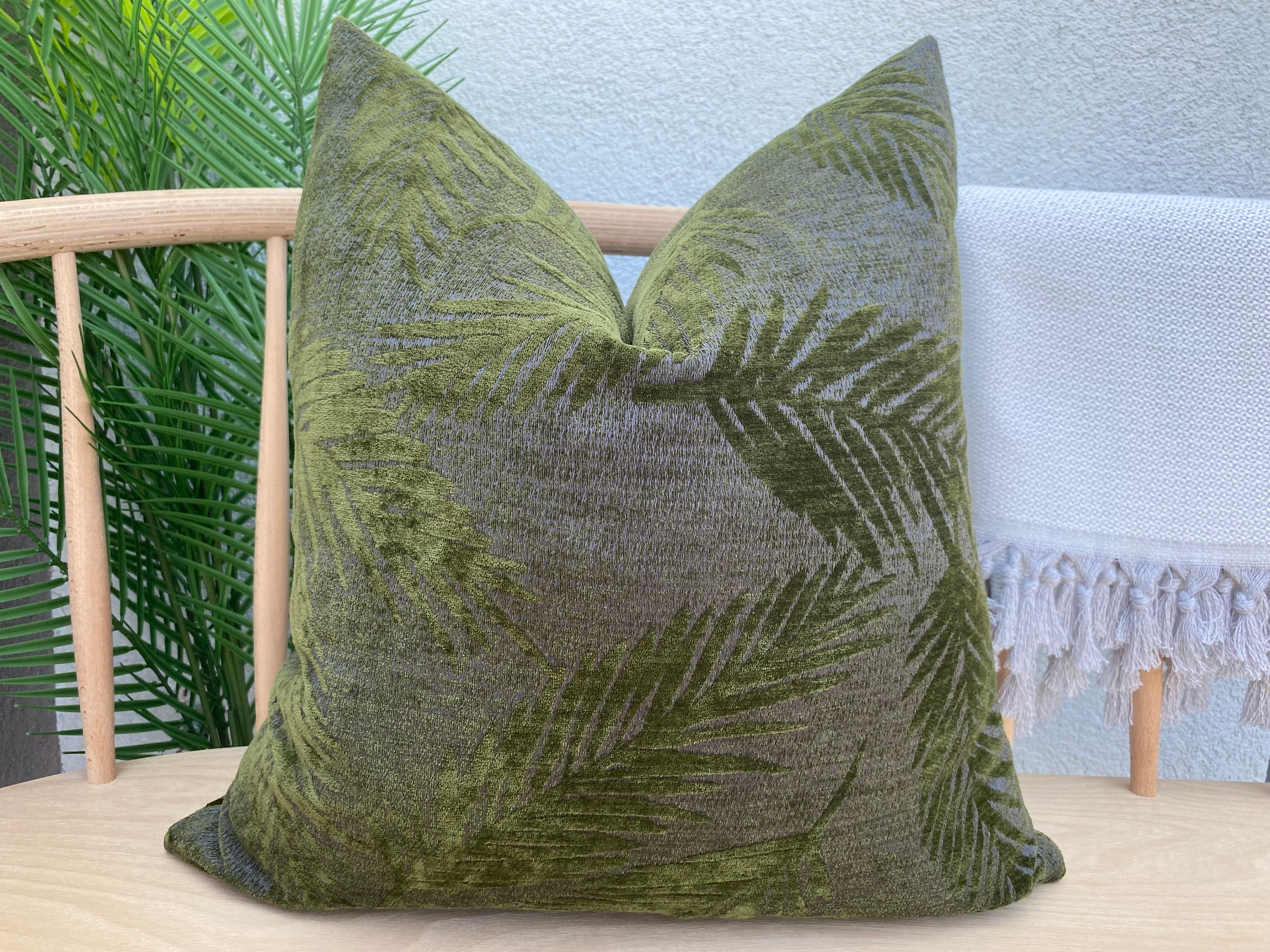 Green Palm Pillow Cover, Textured Leafy Pillow Cushion, Super Soft Flowery Green Pillow Case, Chenille Green Palm Pillow, Euro Sham Cover