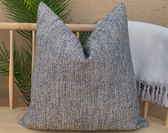Indigo Woven Pillow Cover, Beige and Indigo Boho Pillow Cushion, Acrylic Linen Pillow Case, Euro Sham Cover, Cozy Indigo Pillow Fabric