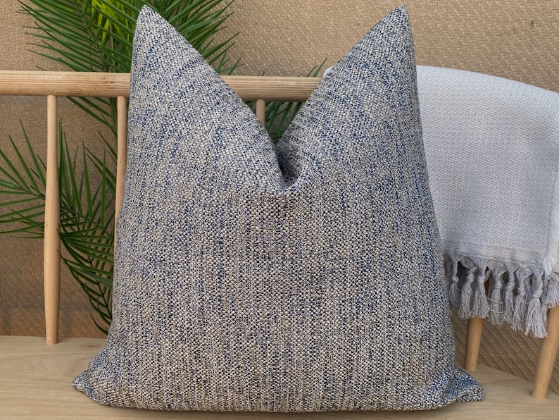 Indigo Woven Pillow Cover, Beige and Indigo Boho Pillow Cushion, Acrylic Linen Pillow Case, Euro Sham Cover, Cozy Indigo Pillow Fabric image 6