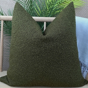 Throw Dark Green Boucle Pillow Cover, Puffy Green Boho Pillowcase, Euro Sham Cover, Cozy Boucle Pillow Fabric, Super Soft Boucle Pillowcase