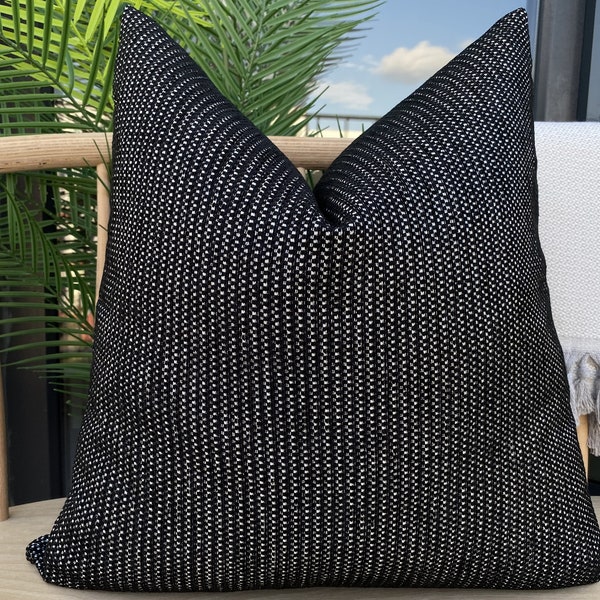 Black Textured Pillow Cover, Woven Black Ivory Pillow Cushion, Euro Sham Cover, Soft Black Pillow Fabric, Throw Black Strip Pillowcase
