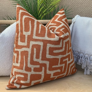 Taupe and Orange Labyrinth Pillow Cover, Cotton and Chenille Pillowcase image 3
