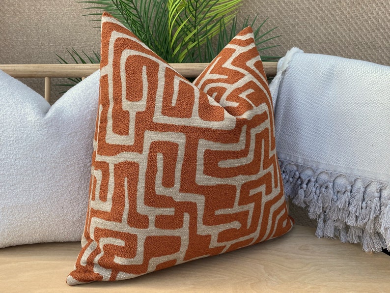 Taupe and Orange Labyrinth Pillow Cover, Cotton and Chenille Pillowcase image 3