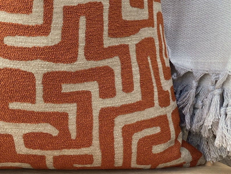 Taupe and Orange Labyrinth Pillow Cover, Cotton and Chenille Pillowcase image 4