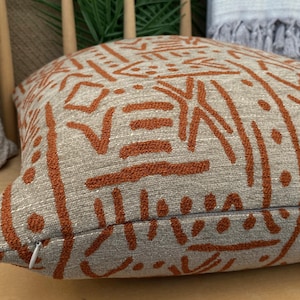 African Mudcloth Pillow Cover, Textured Orange and Taupe Mudcloth Pillow Cushion