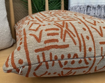 African Mudcloth Pillow Cover, Textured Orange and Taupe Mudcloth Pillow Cushion