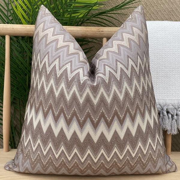 Beige and Brown Chevron Pillow Cover, Textured Zigzag Pillow Cushion, Euro Sham Cover, Brown Woven Pillowcase, Cotton Chevron Pillow Fabric