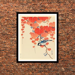 Impresiones de arte de pájaros y flores japonesas, Pájaro y hiedra roja, Ohara Koson, carteles de arte japonés, Decoración del hogar, Póster enmarcado, Impresión en lienzo
