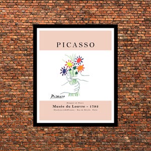 Impresión artística de &quot;Ramo de la Paz&quot; de Picasso / Boceto de ramo de flores de Pablo Picasso, dibujo lineal de litografía de Picasso, póster de exposición vintage