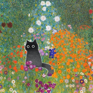 Gustav Klimt Garden Cat Print, Klimt Flowers Cat Poster, Black Cat Art, Floral Print, Funny Cat print, Funny gift, Home decor Poster