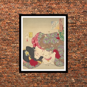 Japanese art, Japanese woman and cat art, Tsukioka Yoshitoshi, Japanese geisha painting, Home decor, Poster Print, Framed Or Canvas Print