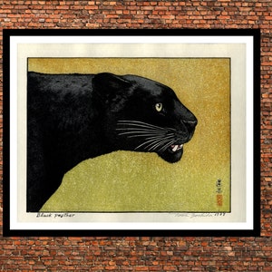 Japanese Panther art, Japanese painting, Black panther, Toshi Yoshida, poster print Home decor, Framed Poster Or Canvas Print