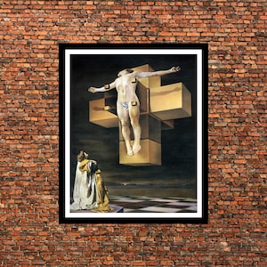 May include: A framed print of a surrealist painting featuring a figure on a geometric cross. The figure is suspended above a checkered floor, with another figure kneeling below. The background is dark.