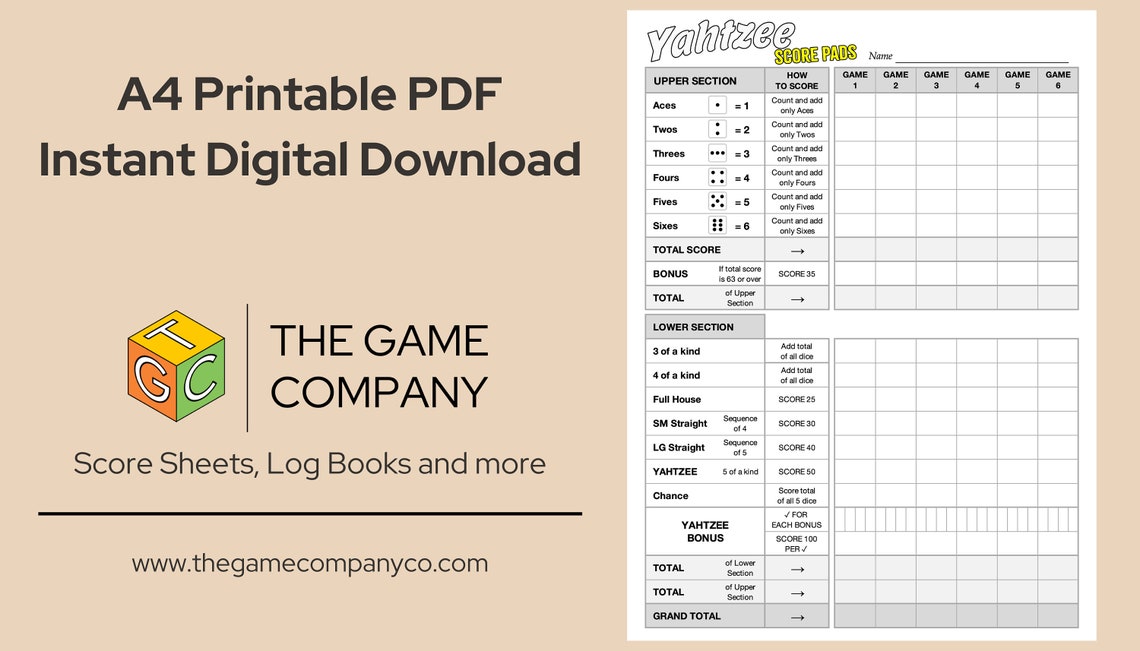 Yahtzee Score Sheet Printable Yahtzee Score Card A4 Size Digital Download Etsy