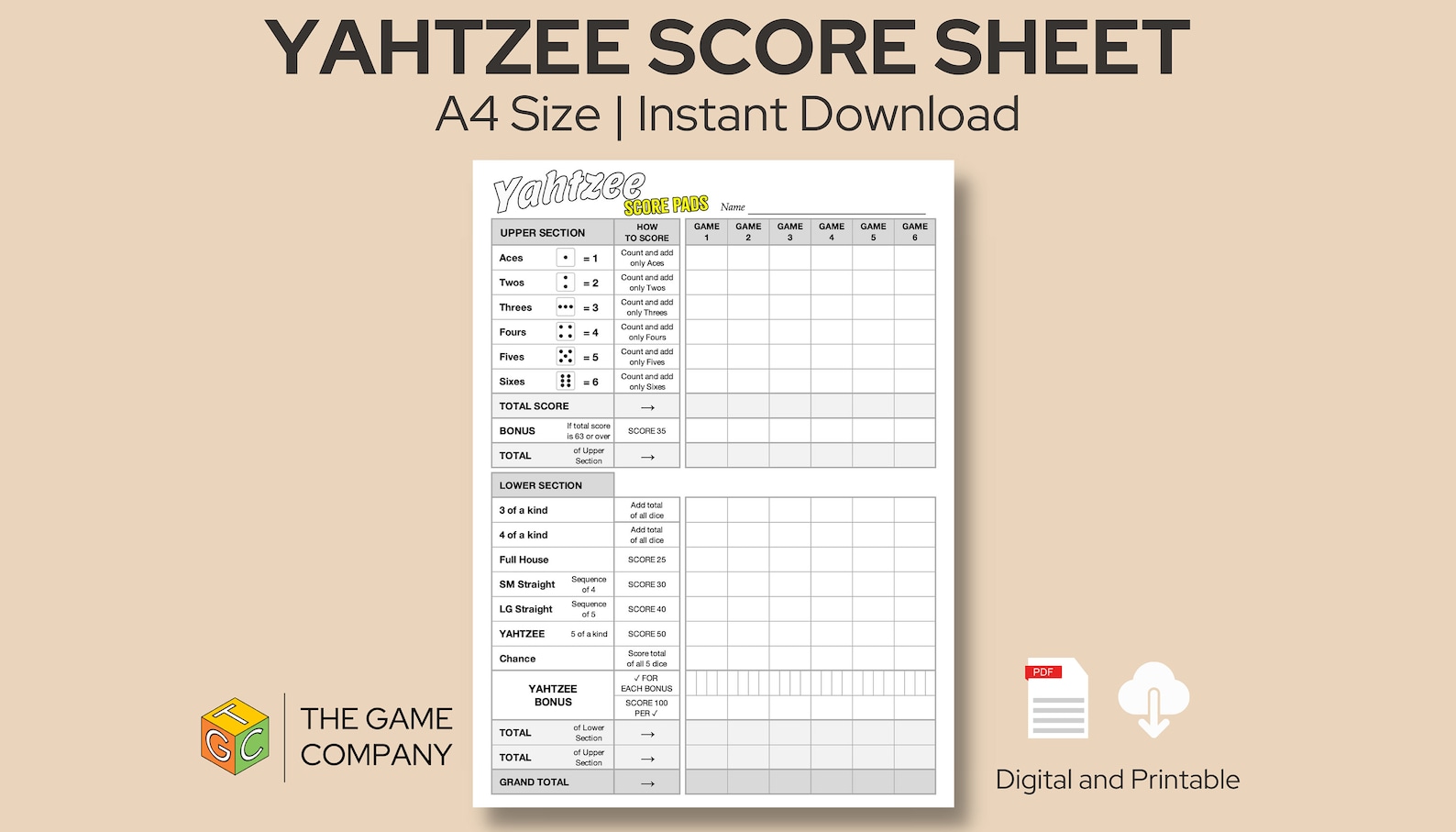 Yahtzee Score Sheet Printable Yahtzee Score Card A4 Size Digital