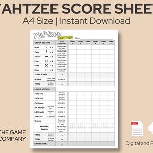 Yahtzee Score Sheet | Printable Yahtzee Score Card | A4 Size Digital Download