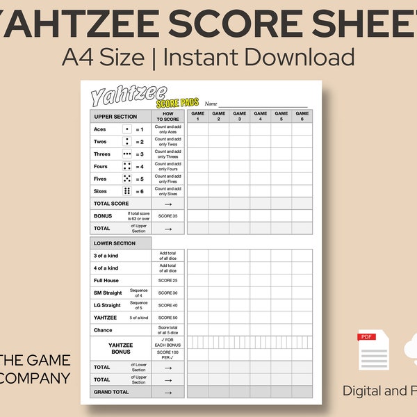 Yahtzee Score Sheet | Printable Yahtzee Score Card | A4 Size Digital Download