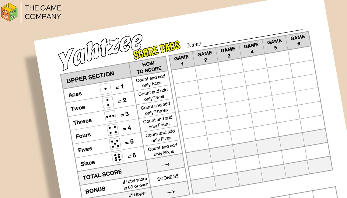 Yahtzee Score Sheet Printable Yahtzee Score Card A4 Size Digital