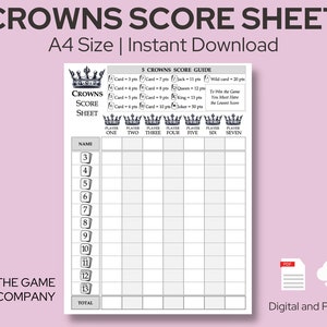 5 Crowns Score Sheet | Printable 5 Crowns Score Card | A4 Size Digital Download