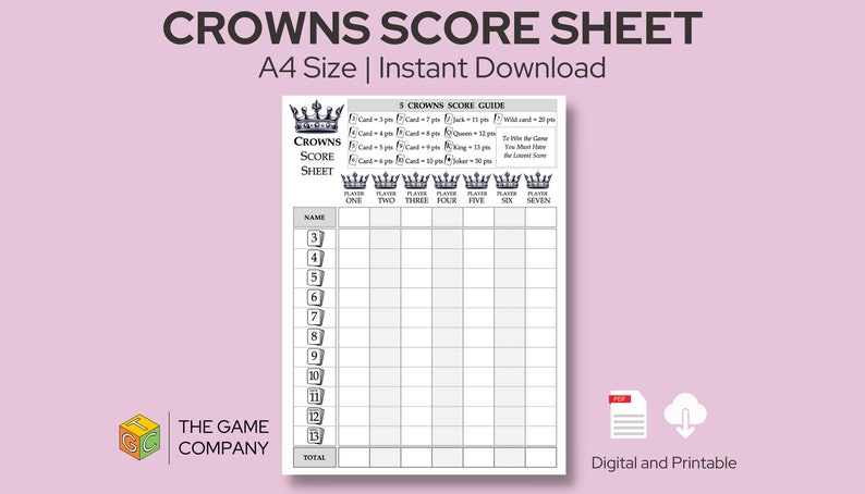 5 Crowns Score Sheet Printable 5 Crowns Score Card A4 Size Digital 