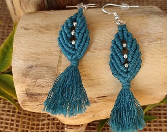 Cotton and Pearl Earrings - Petrol blue color - Ecological Elegance