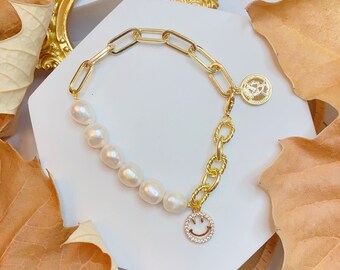 14k gold plated half pearl half chain bracelet with smile face charms, Happy Face emoji Layering bracelet, birthday gift.