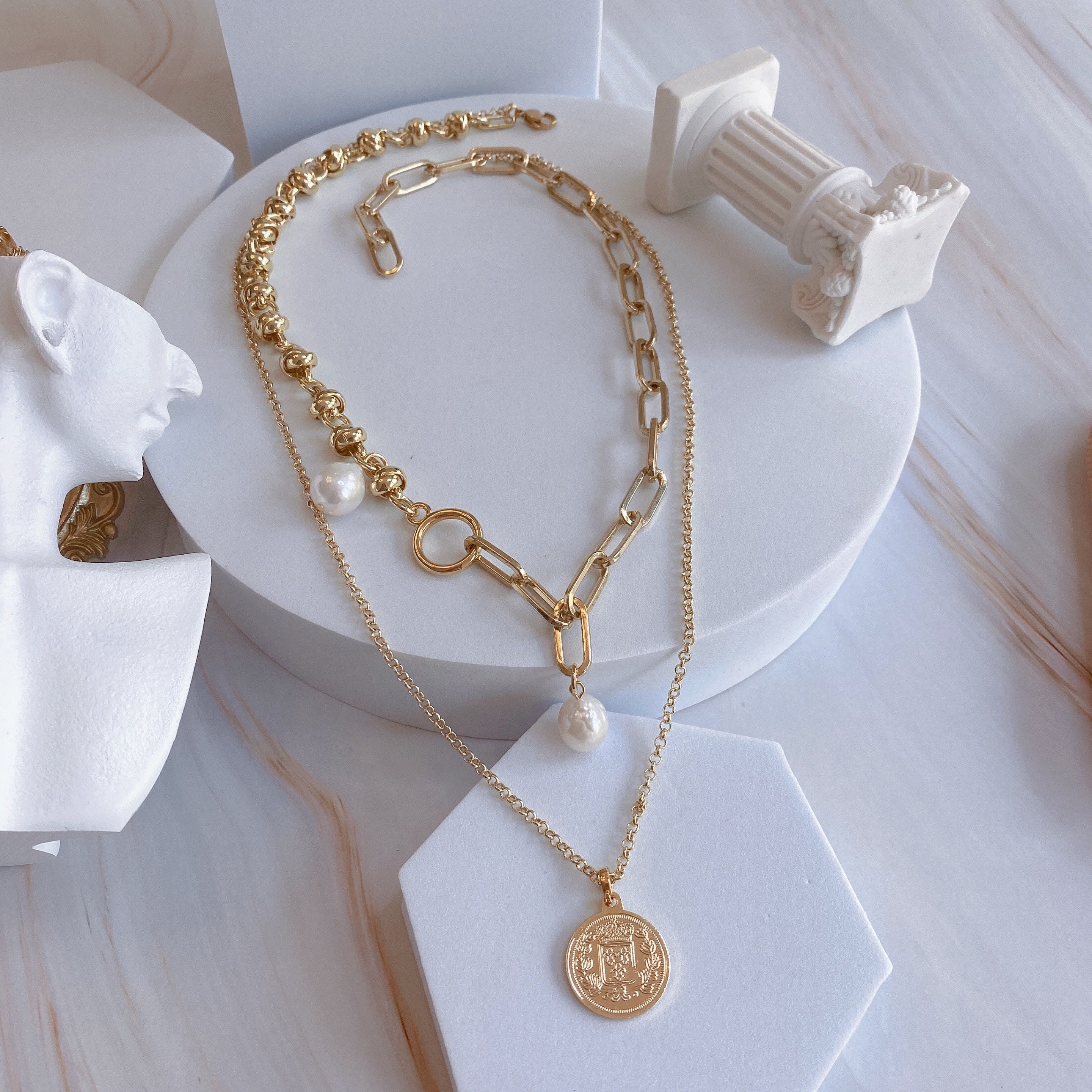 Layered Gold Necklace Set pearl Necklace With Gold Coin Gift - Etsy