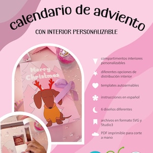 Puede incluir: Un calendario de adviento navideño rosa y blanco con una ilustración de dachshund. El calendario tiene compartimentos personalizables y viene con plantillas imprimibles e instrucciones en español. El calendario está disponible en seis diseños diferentes.