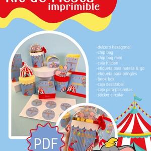 May include: A printable party kit featuring a Dumbo theme. The kit includes a variety of items, such as a hexagonal favor box, chip bags, a popcorn box, a book box, and a sticker. The items are decorated with a blue and red circus tent design and Dumbo characters.