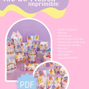 Pode incluir: Um kit de festa imprimível com um esquema de cores roxo, amarelo e branco. O kit inclui uma variedade de itens, como um pote de doces hexagonal, sacos de batatas fritas, embalagens de chocolate e uma caixa de pipoca. O kit apresenta um personagem de desenho animado com um nariz vermelho e um chapéu azul. O texto "kit de fiesta imprimible" está escrito em espanhol na parte superior da imagem. O texto "PDF" está escrito em branco sobre um fundo azul no canto inferior esquerdo da imagem.