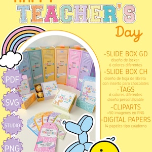 Puede incluir: Una descarga digital para profesores con un diseño colorido de casillero con el texto "Happy Teacher's Day". La descarga incluye etiquetas imprimibles, imágenes prediseñadas y papeles digitales.