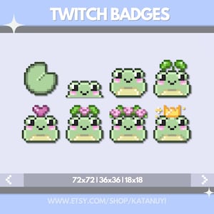 Könnte beinhalten: Satz von acht Pixel-Art-Twitch-Abzeichen mit Fröschen in verschiedenen Größen, darunter 72x72, 36x36 und 18x18 Pixel. Die Frösche sind grün mit weißen Augen und rosa Wangen. Sie tragen verschiedene Accessoires, wie eine Krone, Blumen und ein Herz. Die Abzeichen werden auf einem hellblauen Hintergrund mit dem Text "TWITCH BADGES" oben angezeigt.