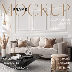 3 Frame mockup, Set of three prints above sofa, DIN A Poster mock up for wall art display, Digital frames in luxury interior, Photoshop PSD