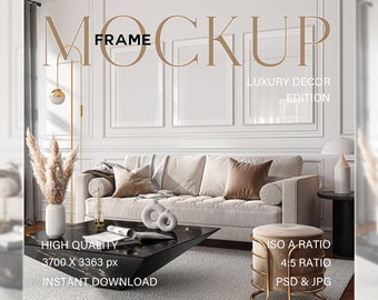 3 Frame mockup, Set of three prints above sofa, DIN A Poster mock up for wall art display, Digital frames in luxury interior, Photoshop PSD