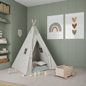 Two white frame mockup in Kids room.
Display your artwork in this neutral nursery interior frame mockup and post it on your shop and social media. Perfect for small business artists who create art prints and posters.