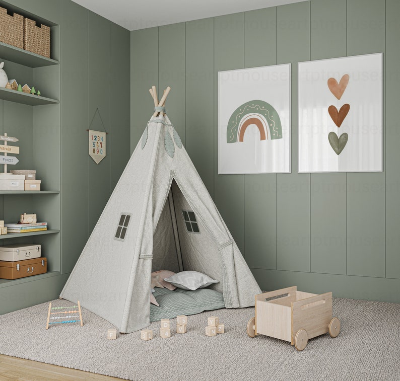 Two white frame mockup in Kids room.
Display your artwork in this neutral nursery interior frame mockup and post it on your shop and social media. Perfect for small business artists who create art prints and posters.