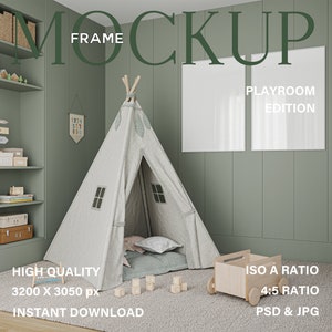Two white frame mockup in Kids room.
Display your artwork in this neutral nursery interior frame mockup and post it on your shop and social media. Perfect for small business artists who create art prints and posters.