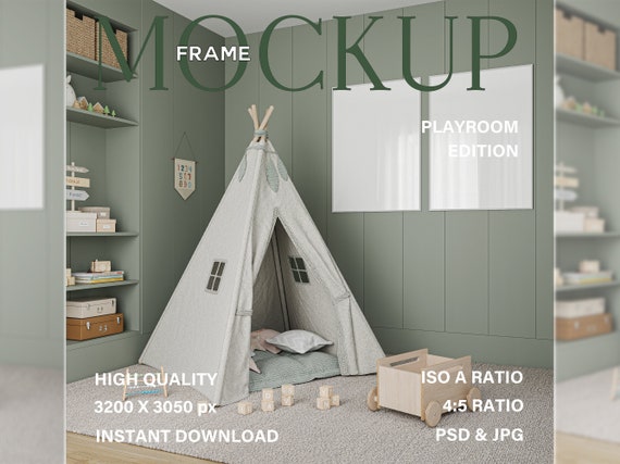 Nursery room Mockup: Two White Frames in green kids interior, Vertical print mock up, Photoshop PSD smart object, Digital Download
