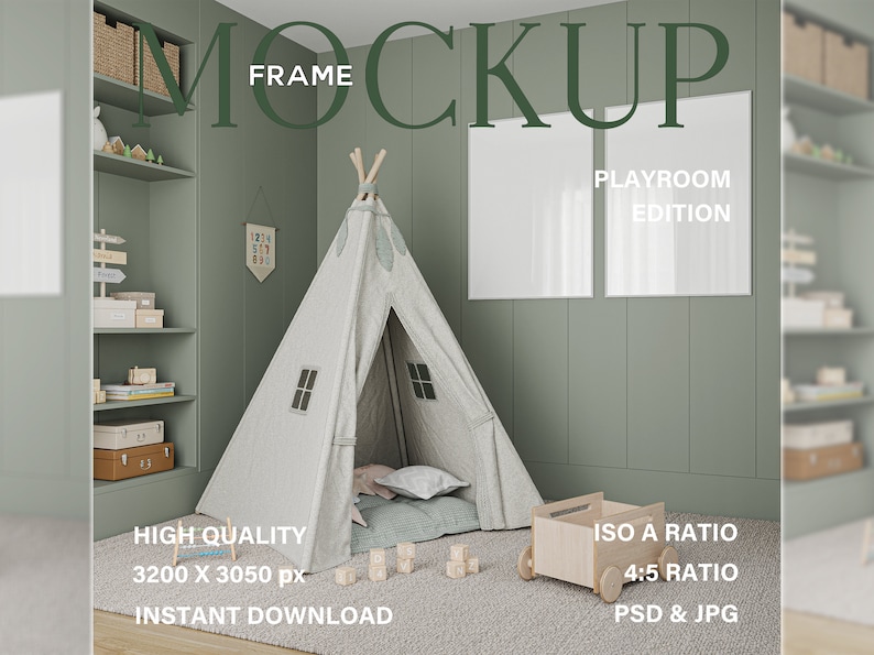 Two white frame mockup in Kids room.
Display your artwork in this neutral nursery interior frame mockup and post it on your shop and social media. Perfect for small business artists who create art prints and posters.