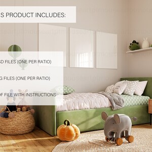 May include: A green upholstered bed with a white and green patterned duvet cover and a gray elephant toy on a rug. The room has two white framed pictures on the wall and a shelf with a green and white stuffed animal. The text "THIS PRODUCT INCLUDES:" is on the left side of the image. Below the text are the following items: "2 PSD FILES (ONE PER RATIO)", "2 JPG FILES (ONE PER RATIO)", and "1 PDF FILE WITH INSTRUCTIONS".
