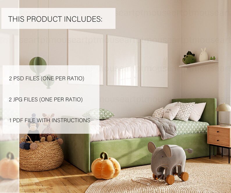 May include: A green upholstered bed with a white and green patterned duvet cover and a gray elephant toy on a rug. The room has two white framed pictures on the wall and a shelf with a green and white stuffed animal. The text "THIS PRODUCT INCLUDES:" is on the left side of the image. Below the text are the following items: "2 PSD FILES (ONE PER RATIO)", "2 JPG FILES (ONE PER RATIO)", and "1 PDF FILE WITH INSTRUCTIONS".