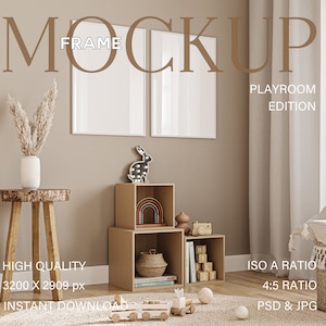 Kinderrahmen-Mockup, 2 vertikale weiße Rahmen mit Glasspiegelung, Kinderzimmer-Innenraum-Mockup, neutrales Kinderzimmer-Schlafzimmer-Modell, Posterrahmen-Modell