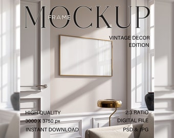 May include: A gold frame mockup with a white background. The frame is hanging on a white wall with a white door and window to the left and right. The text "MOCKUP" is at the top of the image, and the text "VINTAGE DECOR EDITION" is below the frame. The text "HIGH QUALITY 3000 X 3750 px INSTANT DOWNLOAD" is at the bottom left of the image, and the text "2:3 RATIO DIGITAL FILE PSD & JPG" is at the bottom right of the image.