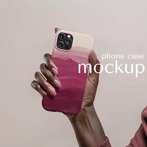 May include: A phone case mockup featuring a gradient design in shades of pink and burgundy. The top portion is a light beige, transitioning into darker hues. The words "phone case mockup" are printed in white.