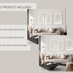 May include: Mockup of a living room with a beige sofa and three framed prints on the wall. The prints are gold-framed and have the text "Your Work Here" on them. The room also features a black coffee table, a gold floor lamp, and a gold and white vase with dried pampas grass.